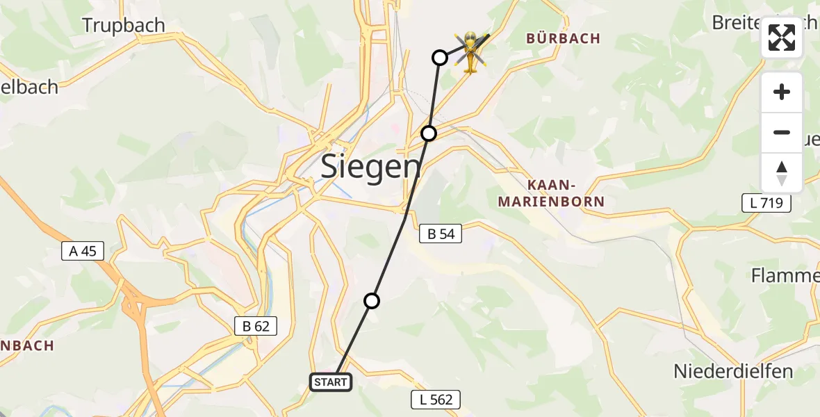 Routekaart van de vlucht: Rettungshubschrauber nach Siegen, Batterieweg
