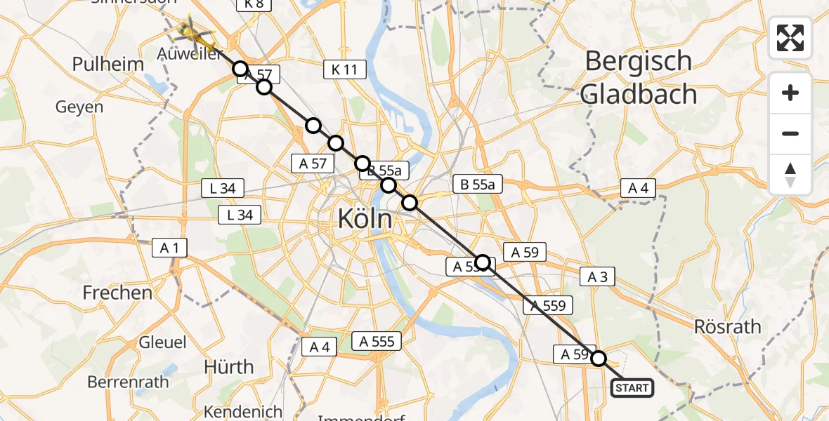 Flugroute Ambulanzhubschrauber Cologne Bonn Airport - Chorweiler, 19 März 2026, 09:08