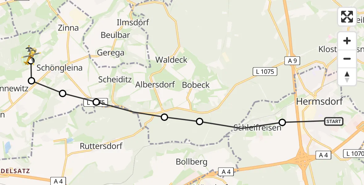 Flugroute Rettungshubschrauber Hermsdorf - Jena-Schöngleina Airfield, 19 März 2026, 09:09