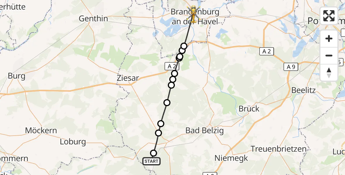 Flugroute Rettungshubschrauber Medewitz - Brandenburg an der Havel, 19 März 2026, 09:12