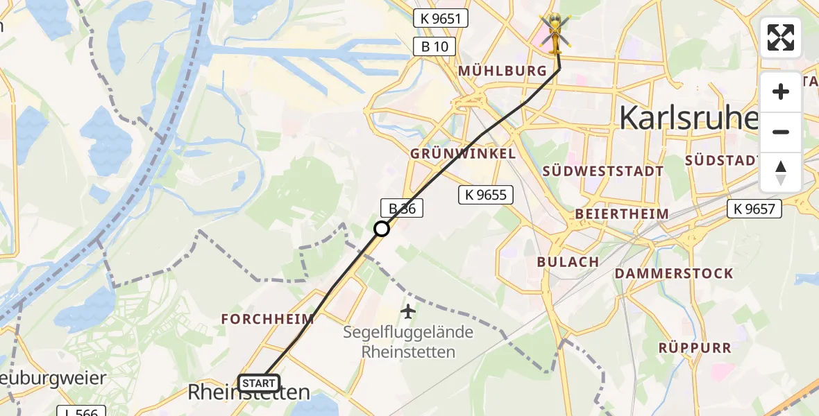 Routekaart van de vlucht: Rettungshubschrauber nach Karlsruhe, Franz-Lust-Straße