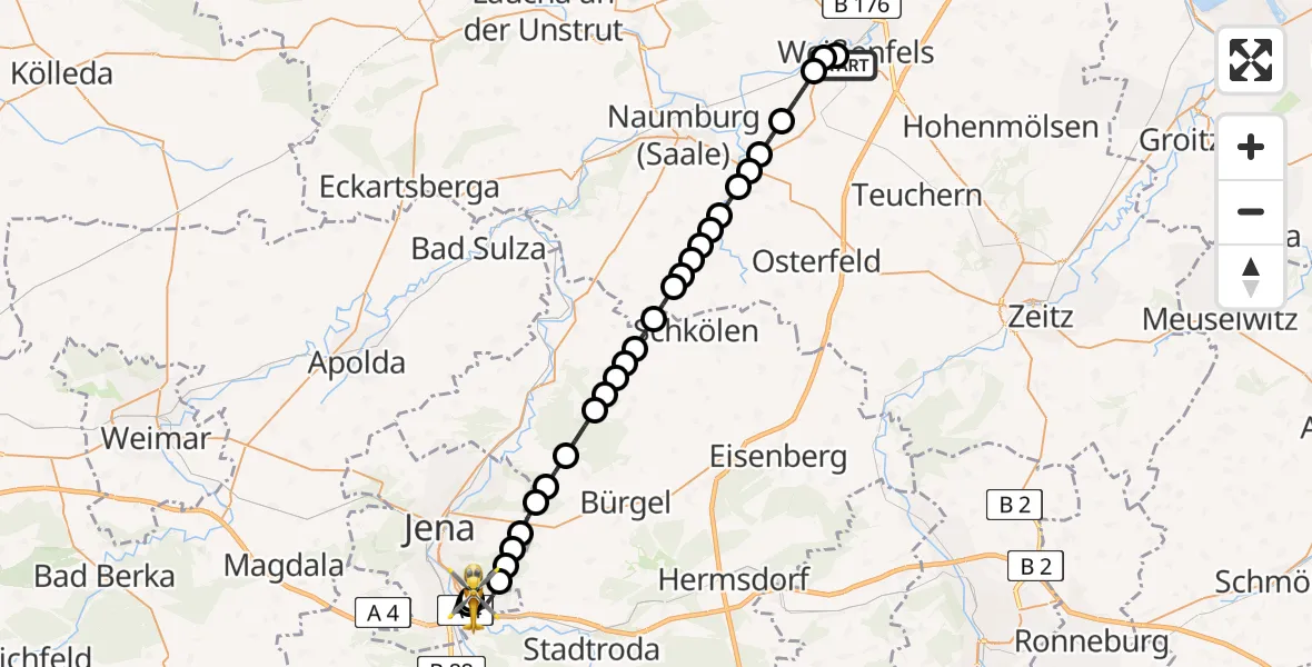 Flugroute Rettungshubschrauber Asklepios Clinic Weißenfels - Jena University Hospital, 19 März 2026, 09:22