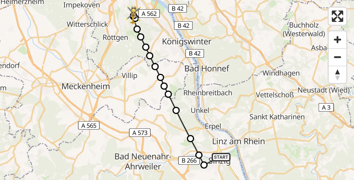 Flugroute Ambulanzhubschrauber Sinzig - Bonn University Hospital, 19 März 2026, 09:22
