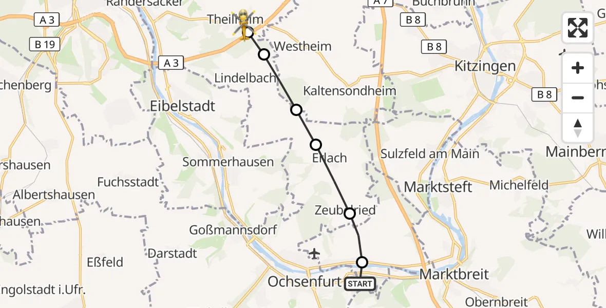 Flugroute Rettungshubschrauber Ochsenfurt - Theilheim, 19 März 2026, 09:22