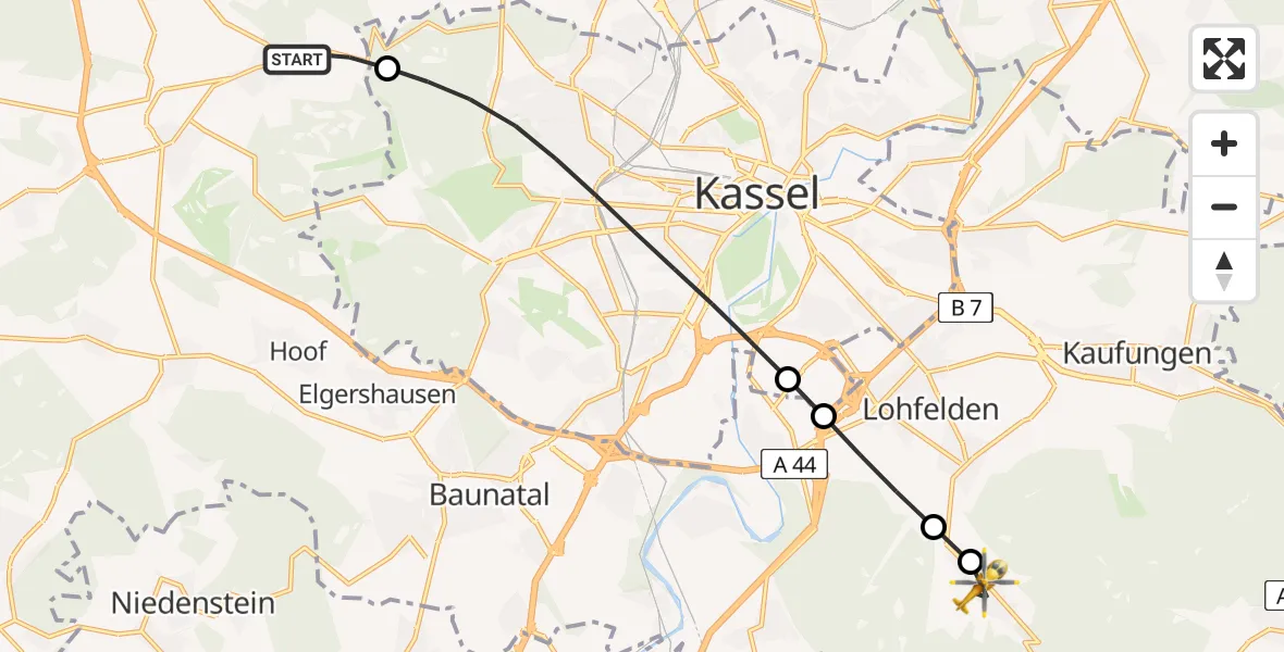 Routekaart van de vlucht: Rettungshubschrauber nach Wellerode, Schulstraße
