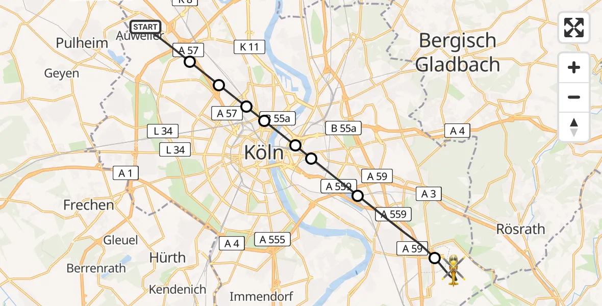 Flugroute Ambulanzhubschrauber Chorweiler - Cologne Bonn Airport, 19 März 2026, 09:25