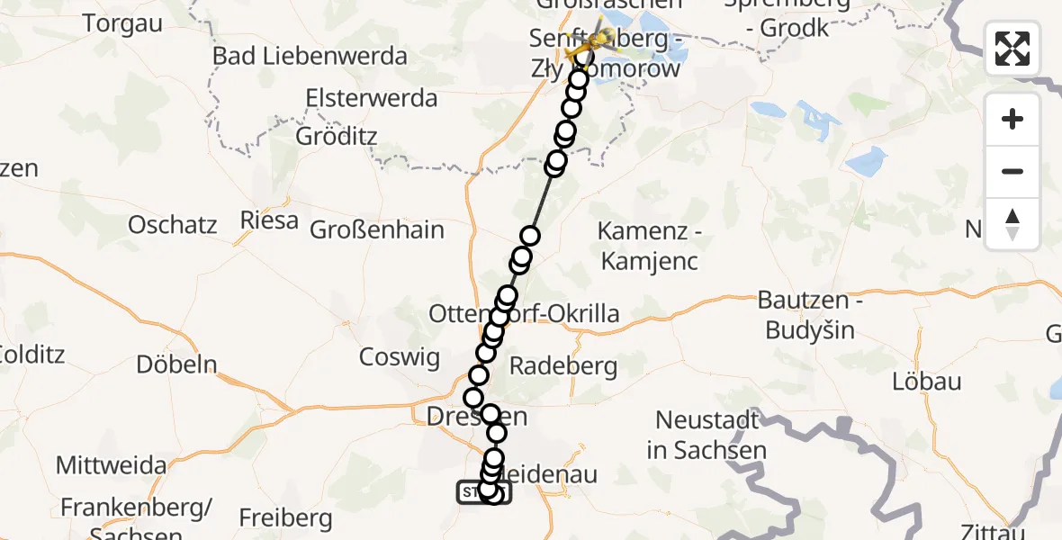 Flugroute Ambulanzhubschrauber Zscheckwitz - Senftenberg, 19 März 2026, 09:26