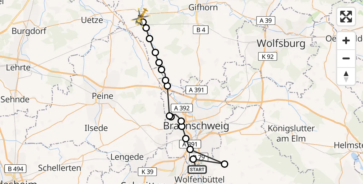Flugroute Rettungshubschrauber Wolfenbüttel - Meinersen, 19 März 2026, 09:34