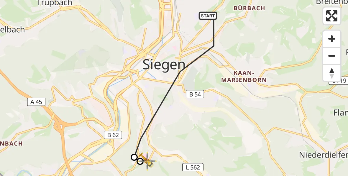 Flugroute Rettungshubschrauber Siegen - Evangelisches Jung-Stilling Hospital, 19 März 2026, 09:36