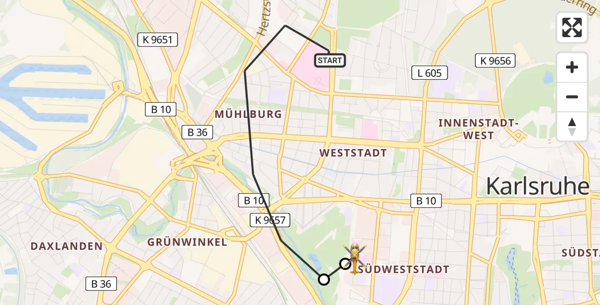 Flugroute Rettungshubschrauber Karlsruhe - Sankt Vincentius Hospital, 19 März 2026, 09:41