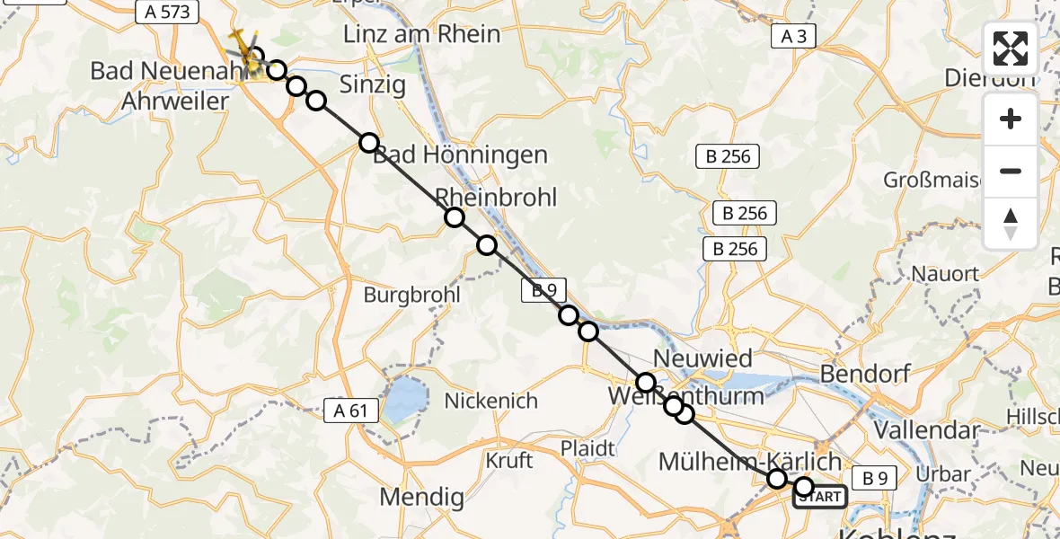 Flugroute Rettungshubschrauber Bubenheim - Gimmigen, 19 März 2026, 09:48