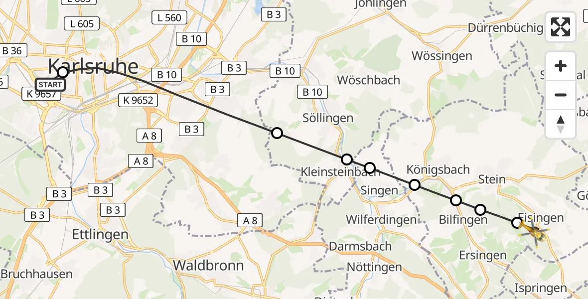 Flugroute Rettungshubschrauber Sankt Vincentius Hospital - Eisingen, 19 März 2026, 09:53
