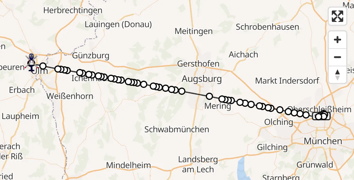 Flugroute Polizeihubschrauber Oberschleißheim - Ulm Military Hospital Emergency, 19 März 2026, 09:55