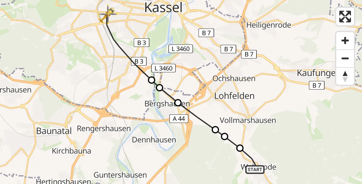 Flugroute Rettungshubschrauber Wellerode - Kassel, 19 März 2026, 10:00