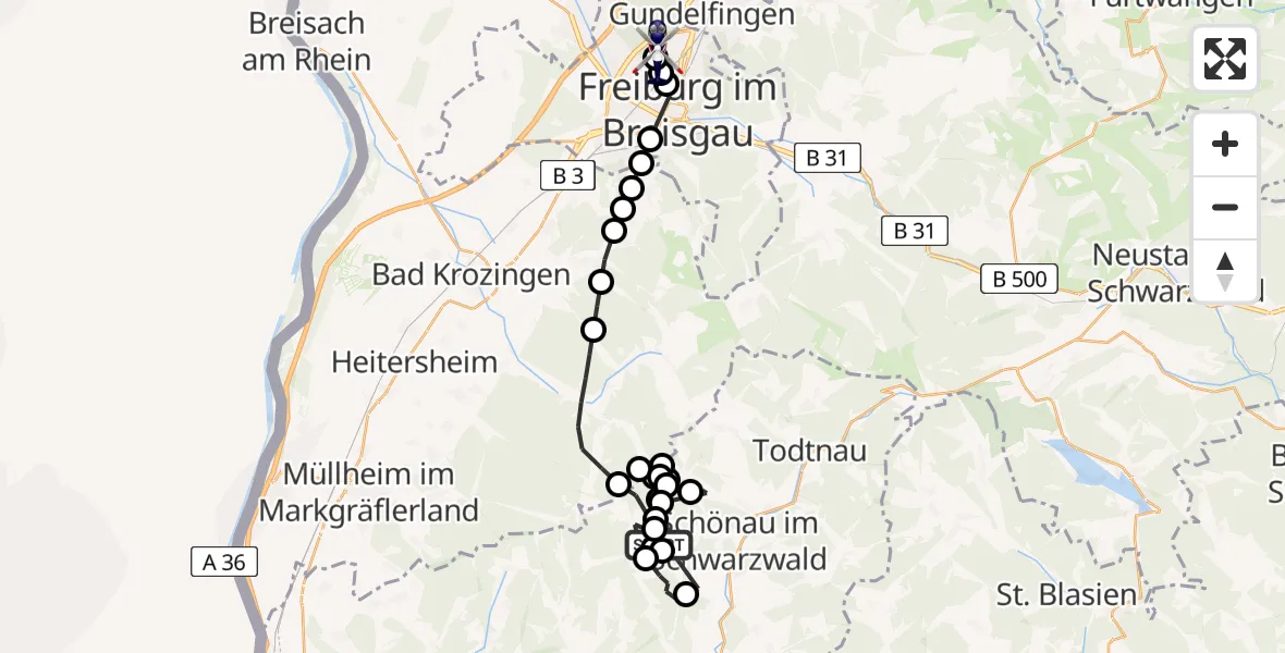 Flugroute Polizeihubschrauber Neuenweg - Freiburg im Breisgau Airfield, 19 März 2026, 10:03