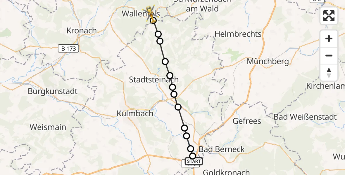 Routekaart van de vlucht: Rettungshubschrauber nach Wallenfels, B 173
