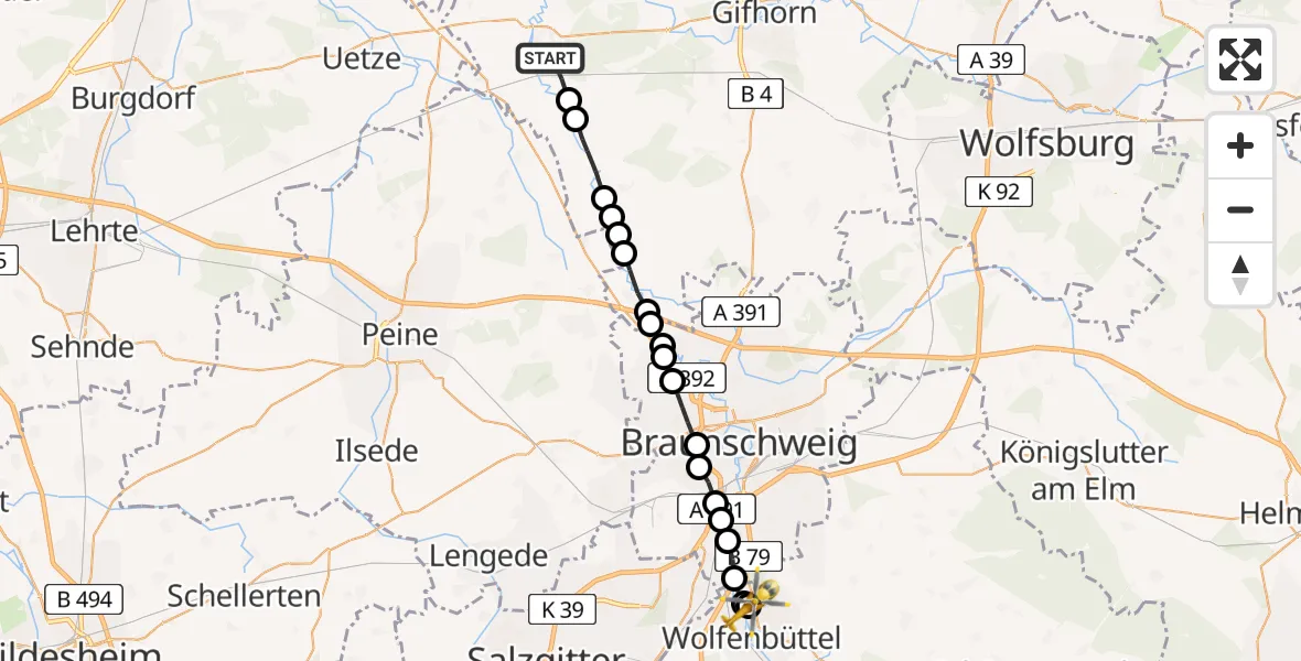 Routekaart van de vlucht: Rettungshubschrauber nach Wolfenbüttel Municipal Hospital Heliport (Christoph 30)