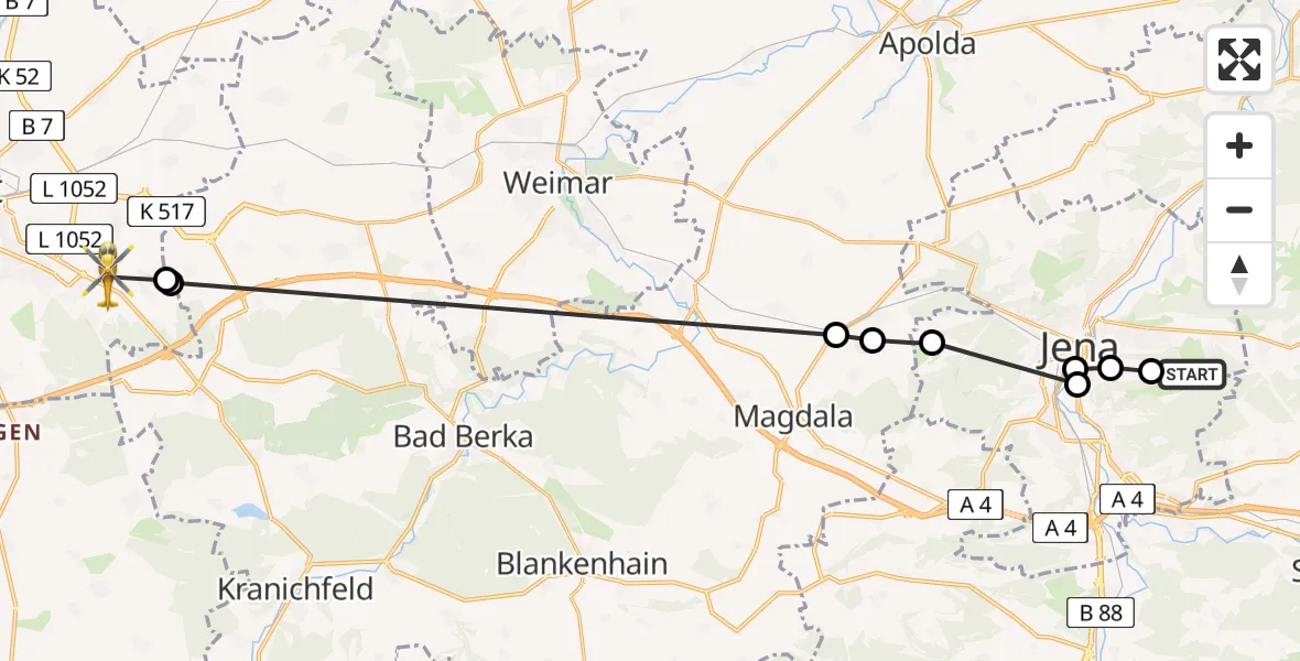 Flugroute Rettungshubschrauber Jena - Niedernissa, 19 März 2026, 10:10