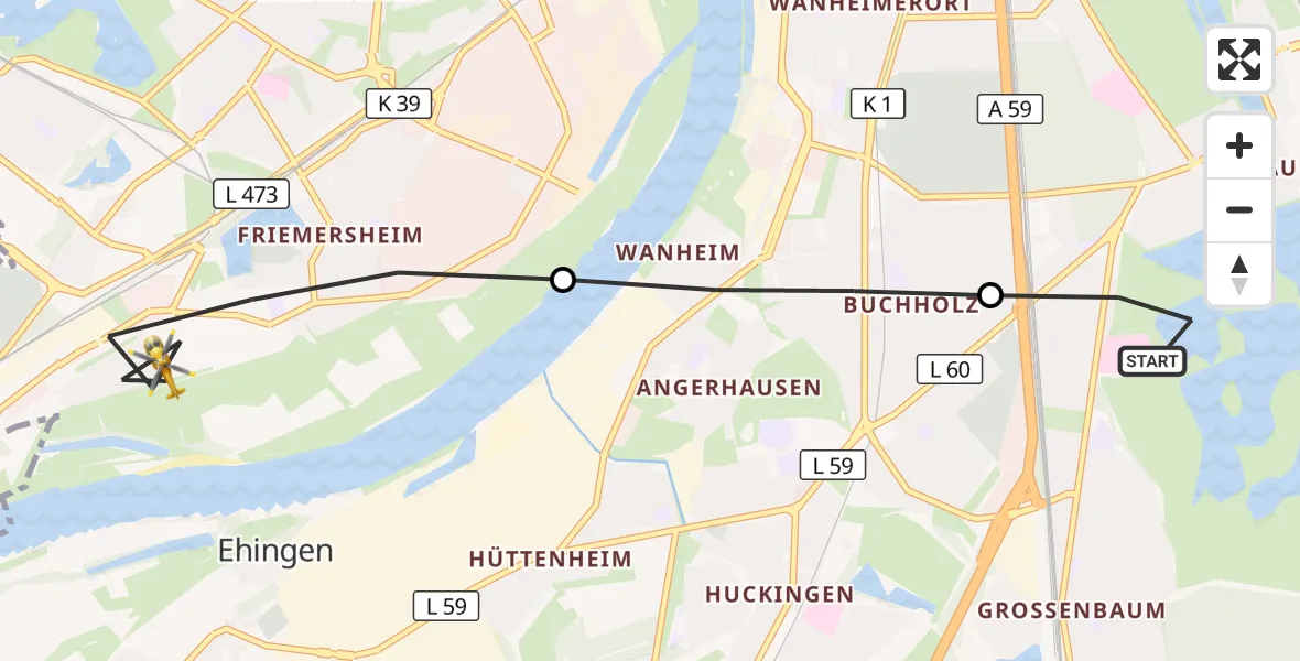 Flugroute Rettungshubschrauber Duisburg Air Rescue Heliport (Christoph 9) - Rheinhausen, 19 März 2026, 10:12
