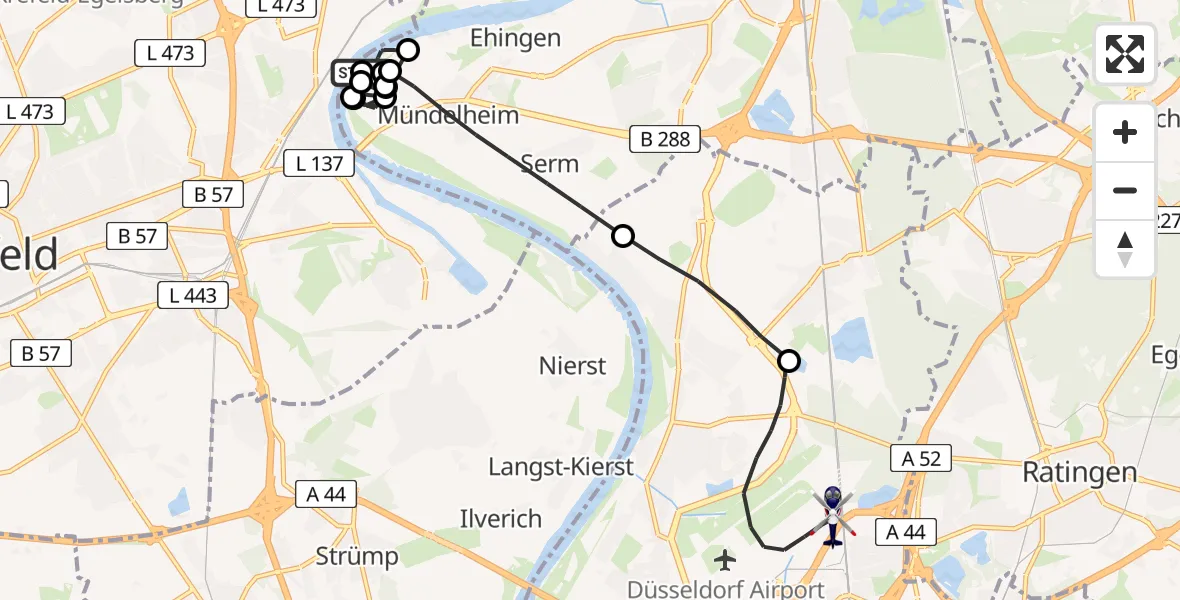 Flugroute Polizeihubschrauber Krefeld-Uerdingen - Düsseldorf Airport, 19 März 2026, 10:13