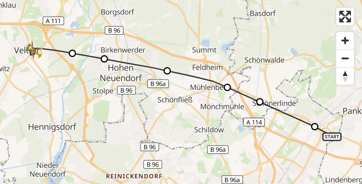 Flugroute Rettungshubschrauber Helios Clinic Berlin-Buch - Velten, 19 März 2026, 10:13