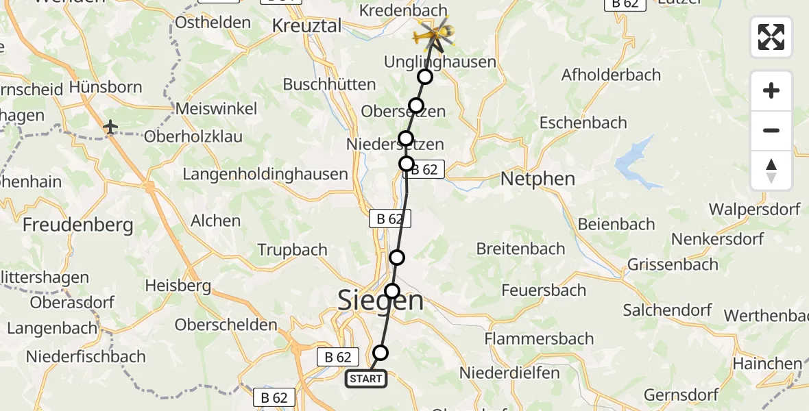 Flugroute Rettungshubschrauber Evangelisches Jung-Stilling Hospital - Unglinghausen, 19 März 2026, 10:14