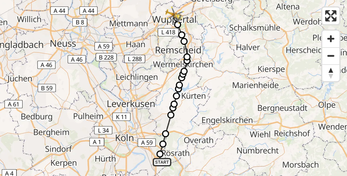 Flugroute Ambulanzhubschrauber Cologne Bonn Airport - Barmen, 19 März 2026, 10:18