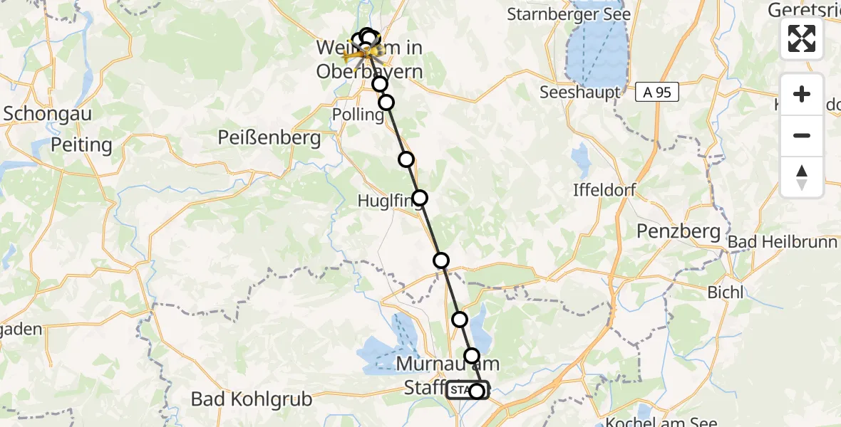 Flugroute Rettungshubschrauber Murnau Accident Hospital - Weilheim in Oberbayern, 19 März 2026, 10:23