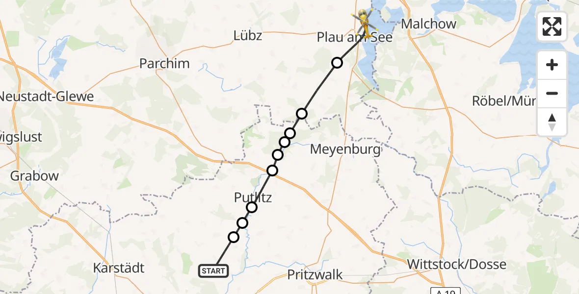 Flugroute Rettungshubschrauber Groß Pankow (Prignitz) - Plau am See, 19 März 2026, 10:25