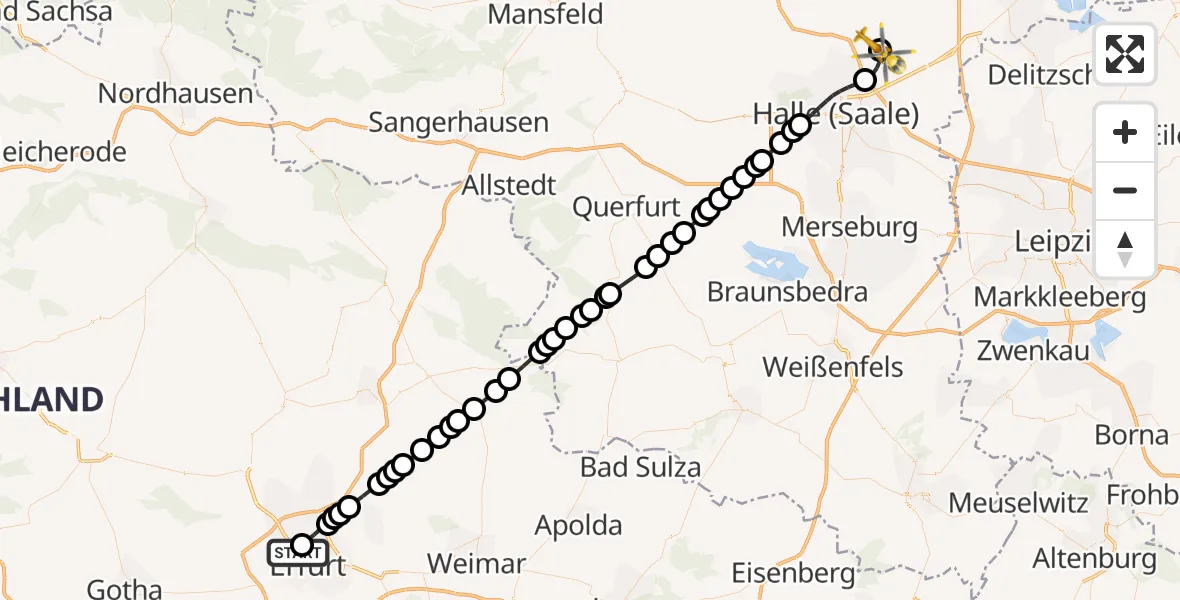 Flugroute Ambulanzhubschrauber Helios Clinic Erfurt - Halle-Oppin Airfield, 19 März 2026, 10:29