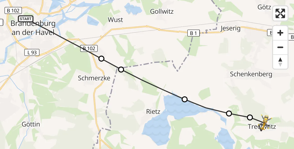 Flugroute Rettungshubschrauber Brandenburg an der Havel - Kloster Lehnin, 19 März 2026, 10:43