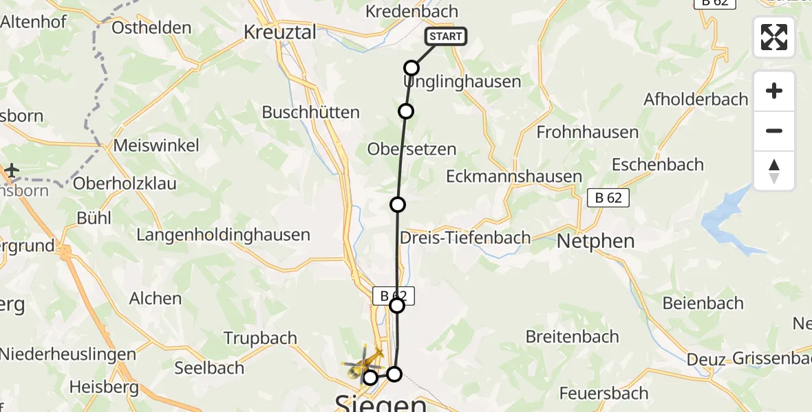 Flugroute Rettungshubschrauber Unglinghausen - Siegen, 19 März 2026, 10:45