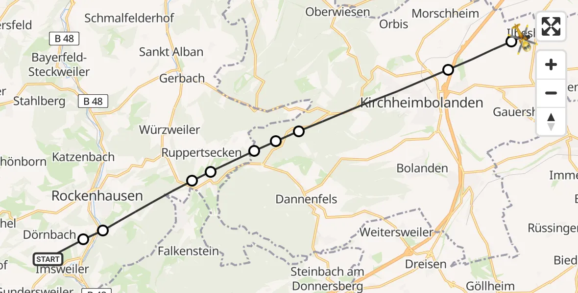 Flugroute Rettungshubschrauber Imsweiler UL - Ilbesheim, 19 März 2026, 10:45