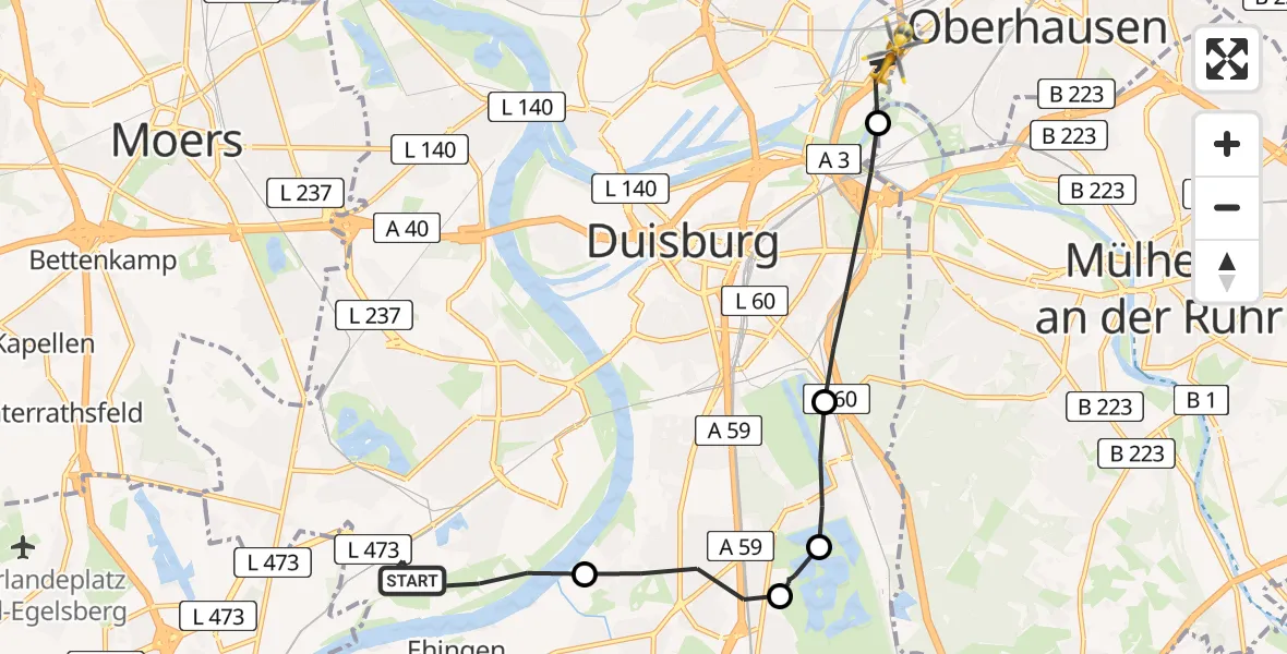 Flugroute Rettungshubschrauber Rheinhausen - Meiderich/Beeck, 19 März 2026, 10:45
