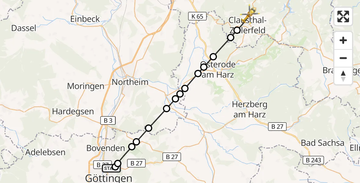 Flugroute Rettungshubschrauber Göttingen University Clinic Heliport - Clausthal-Zellerfeld, 19 März 2026, 10:50