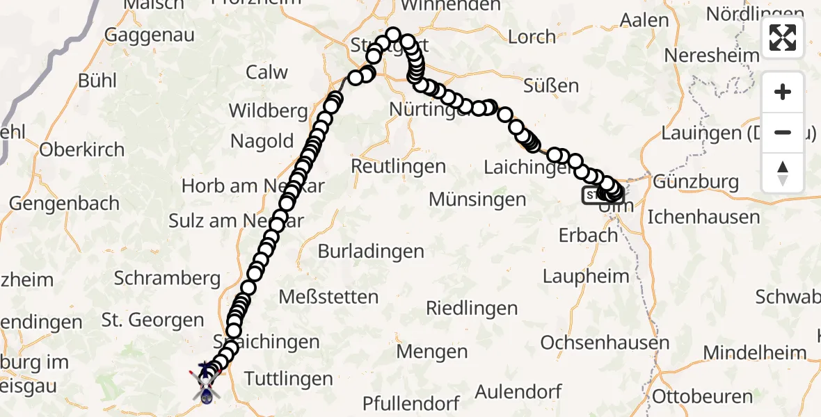 Flugroute Polizeihubschrauber Ulm Military Hospital Emergency - Donaueschingen-Villingen Airfield, 19 März 2026, 10:57