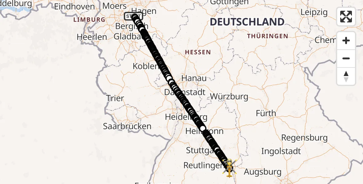 Flugroute Ambulanzhubschrauber Barmen - ADAC Air Rescue Station Ulm (Christoph 22), 19 März 2026, 11:00