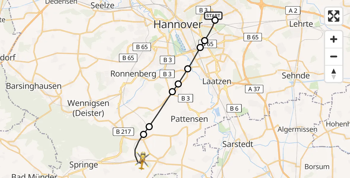 Flugroute Rettungshubschrauber Hannover Air Rescue Heliport (Christoph 4) - Springe, 19 März 2026, 11:07