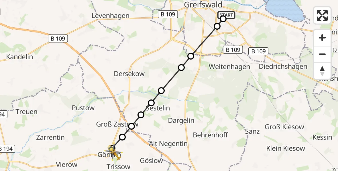 Flugroute Rettungshubschrauber Greifswald Hospital - Trissow, 19 März 2026, 11:09