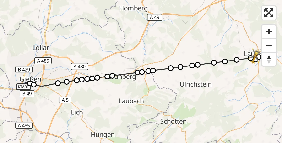Flugroute Rettungshubschrauber Gießen - Frischborn, 19 März 2026, 11:12