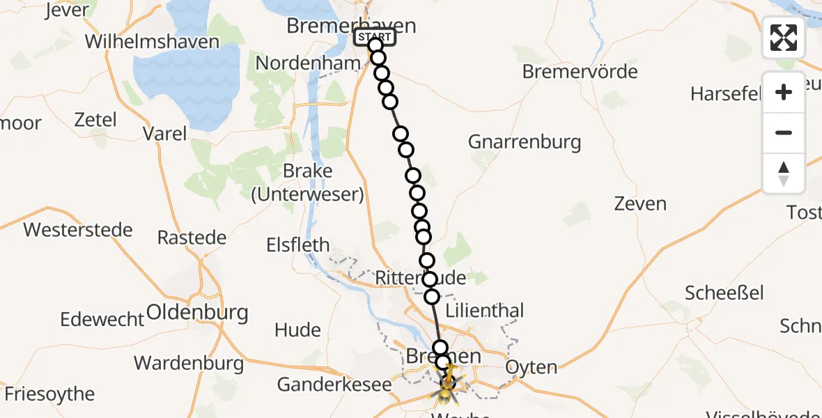 Routekaart van de vlucht: Rettungshubschrauber nach ADAC Air Rescue Station Bremen Heliport (Christoph 6)