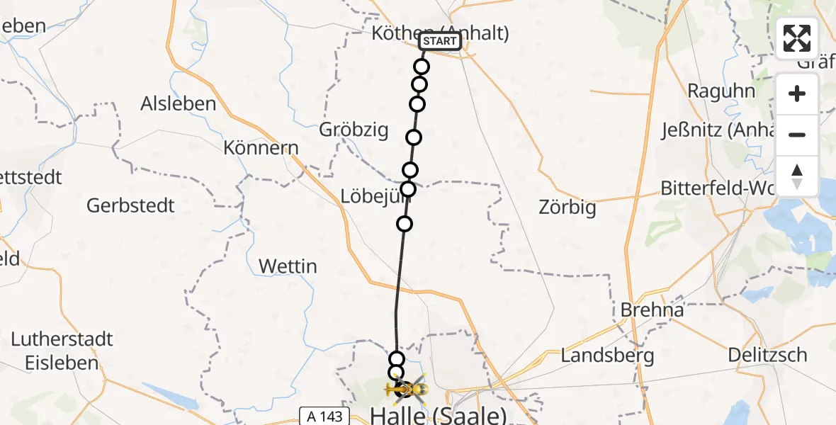 Routekaart van de vlucht: Rettungshubschrauber nach Halle (Saale) University Hospital