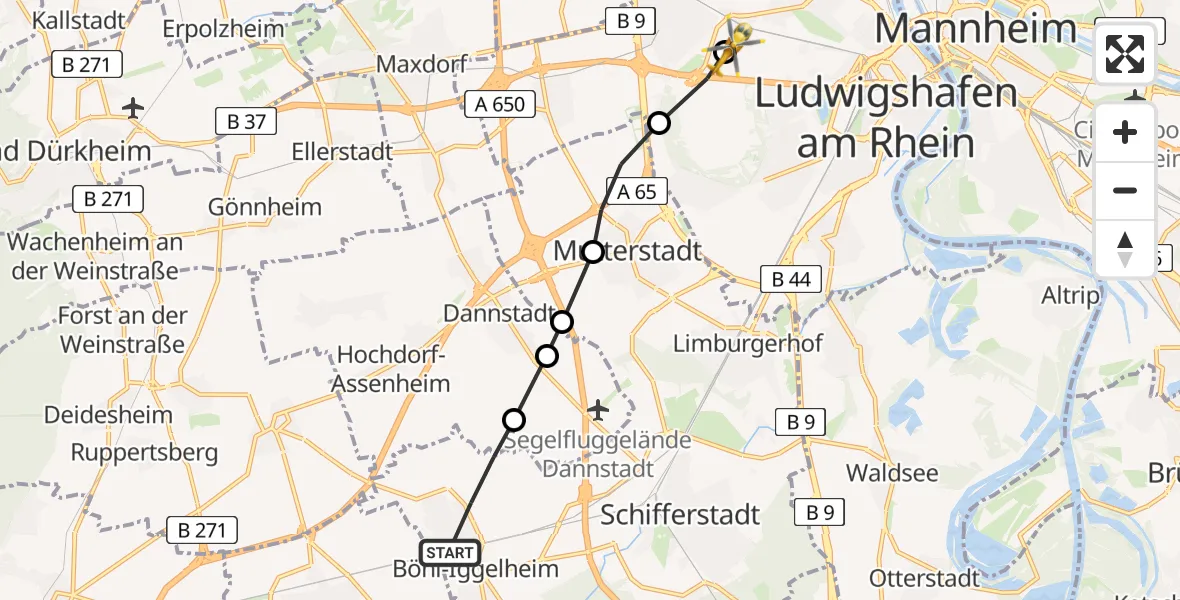 Flugroute Rettungshubschrauber Böhl-Iggelheim - Ludwigshafen Accident Hospital Heliport, 19 März 2026, 11:24