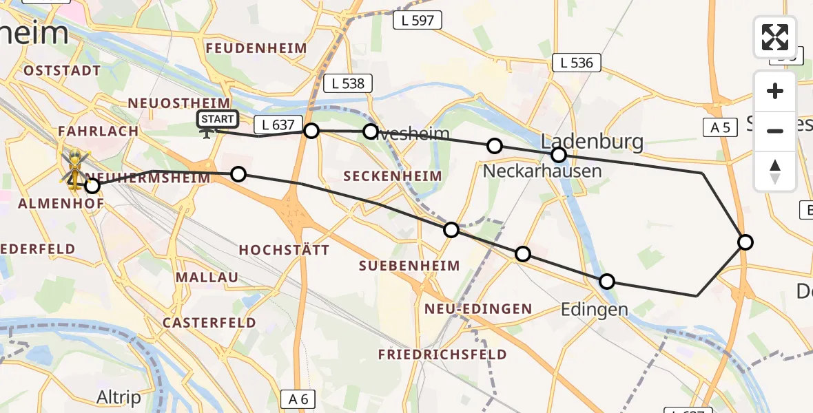 Flugroute Rettungshubschrauber Mannheim-City Airport - Mannheim, 19 März 2026, 11:32