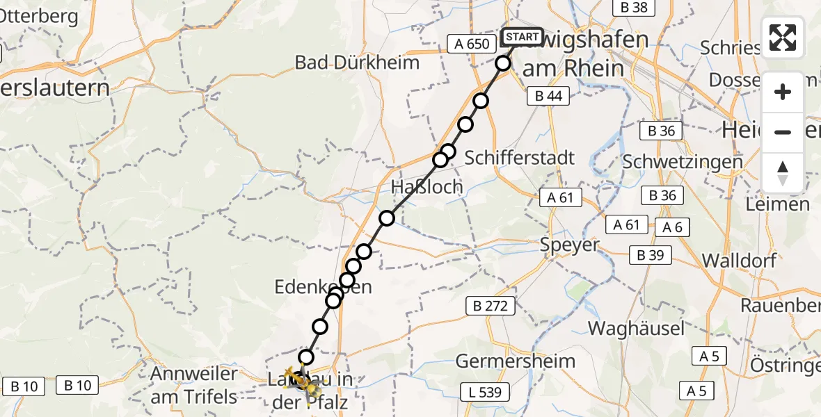 Flugroute Rettungshubschrauber Ludwigshafen am Rhein - Landau in der Pfalz, 19 März 2026, 11:39
