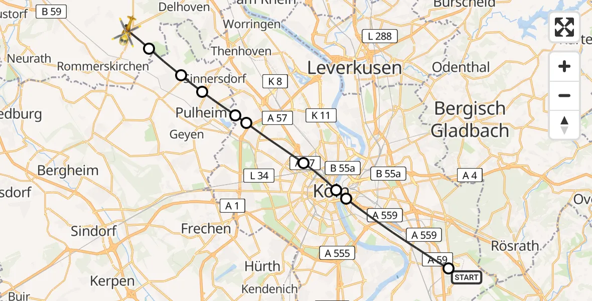 Flugroute Rettungshubschrauber Cologne Bonn Airport - Rommerskirchen, 19 März 2026, 11:39