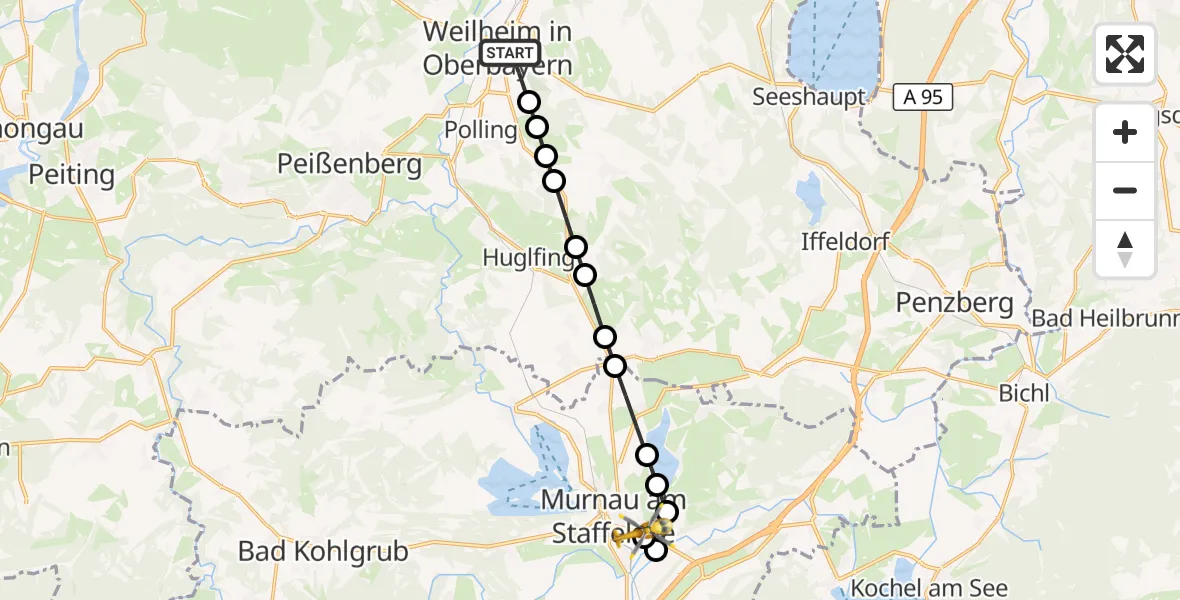 Flugroute Rettungshubschrauber Weilheim in Oberbayern - Murnau Accident Hospital, 19 März 2026, 11:40