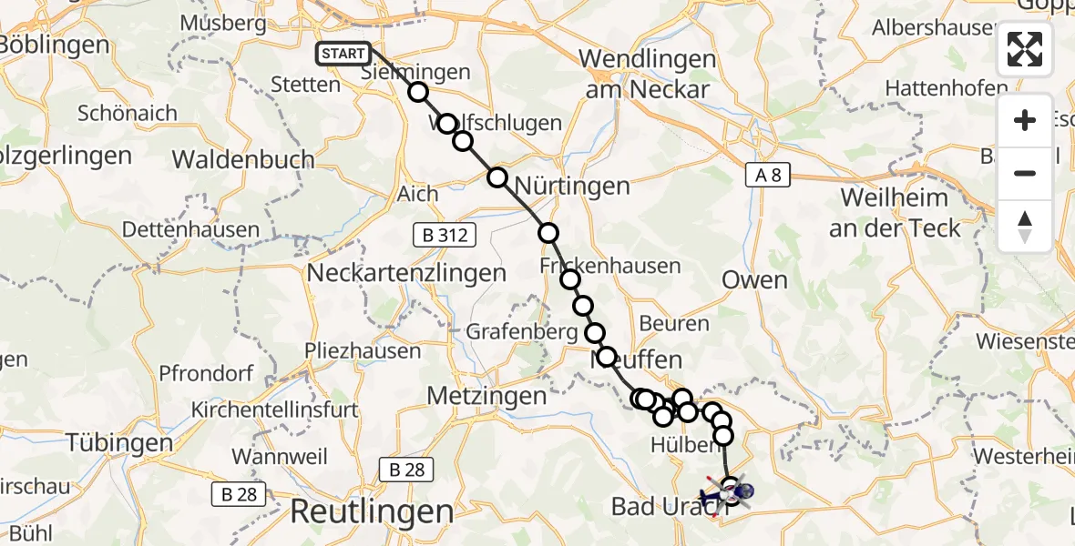 Flugroute Polizeihubschrauber Stuttgart Airport - Bad Urach, 19 März 2026, 11:44
