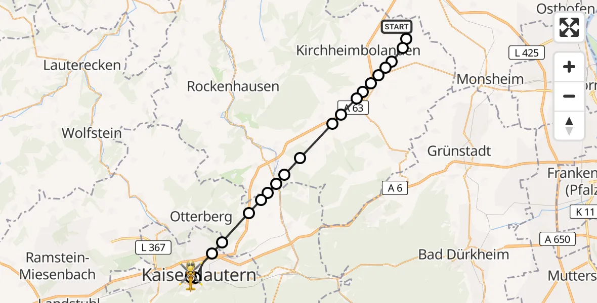 Flugroute Rettungshubschrauber Ilbesheim - Westpfalz Hospital Kaiserslautern, 19 März 2026, 11:45