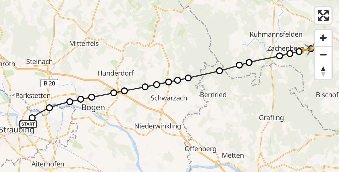 Flugroute Rettungshubschrauber Sankt Elisabeth Hospital Straubing - Habischried, 19 März 2026, 11:52